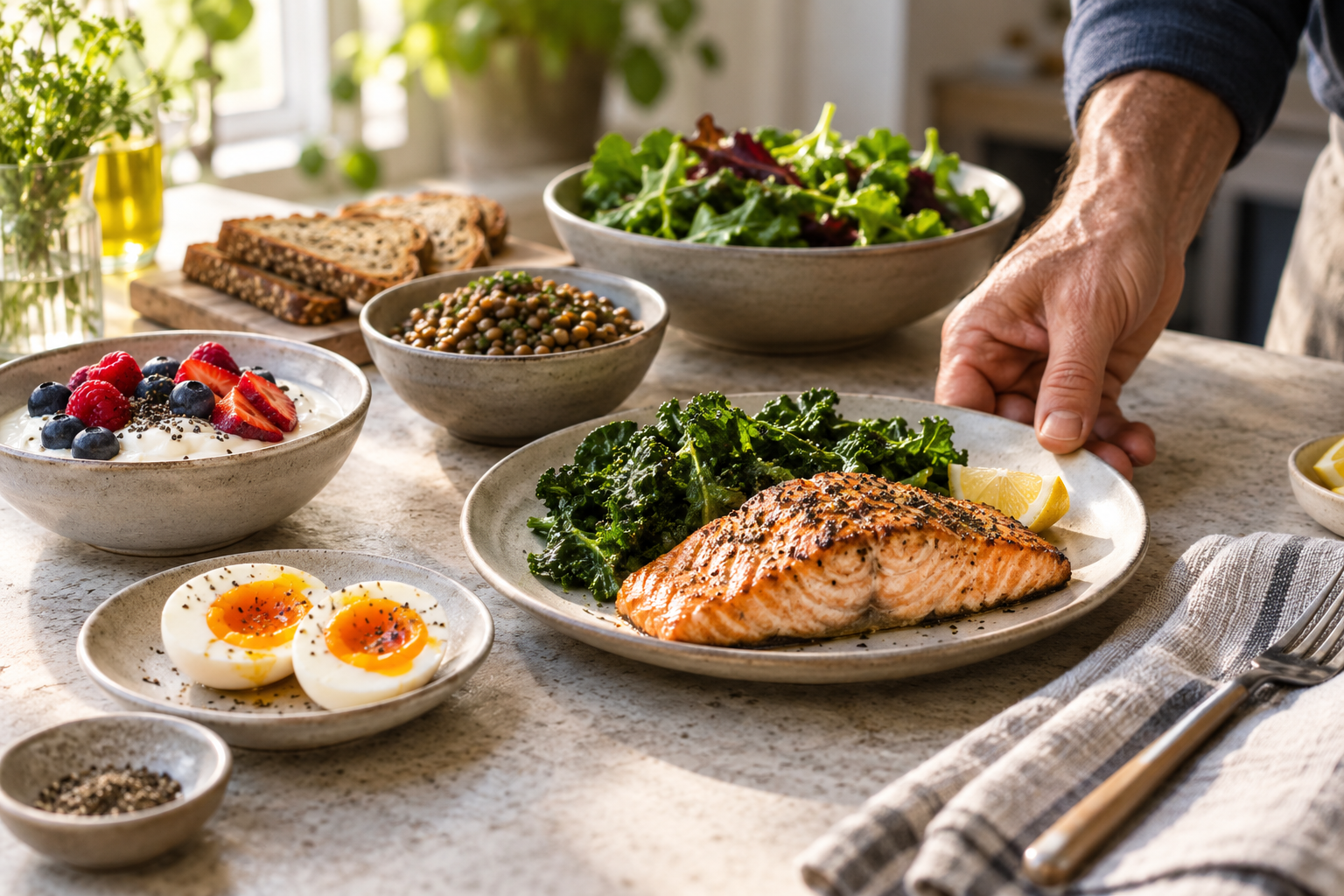 An overhead view of three plates set out on linen with worn cutlery: roast fish with greens, eggs with rye bread, and lentils with yoghurt.